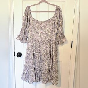Sugarfox Lavender Floral Poofy Sleeve Dress Cottagecore Whimsical Plus Size 1X